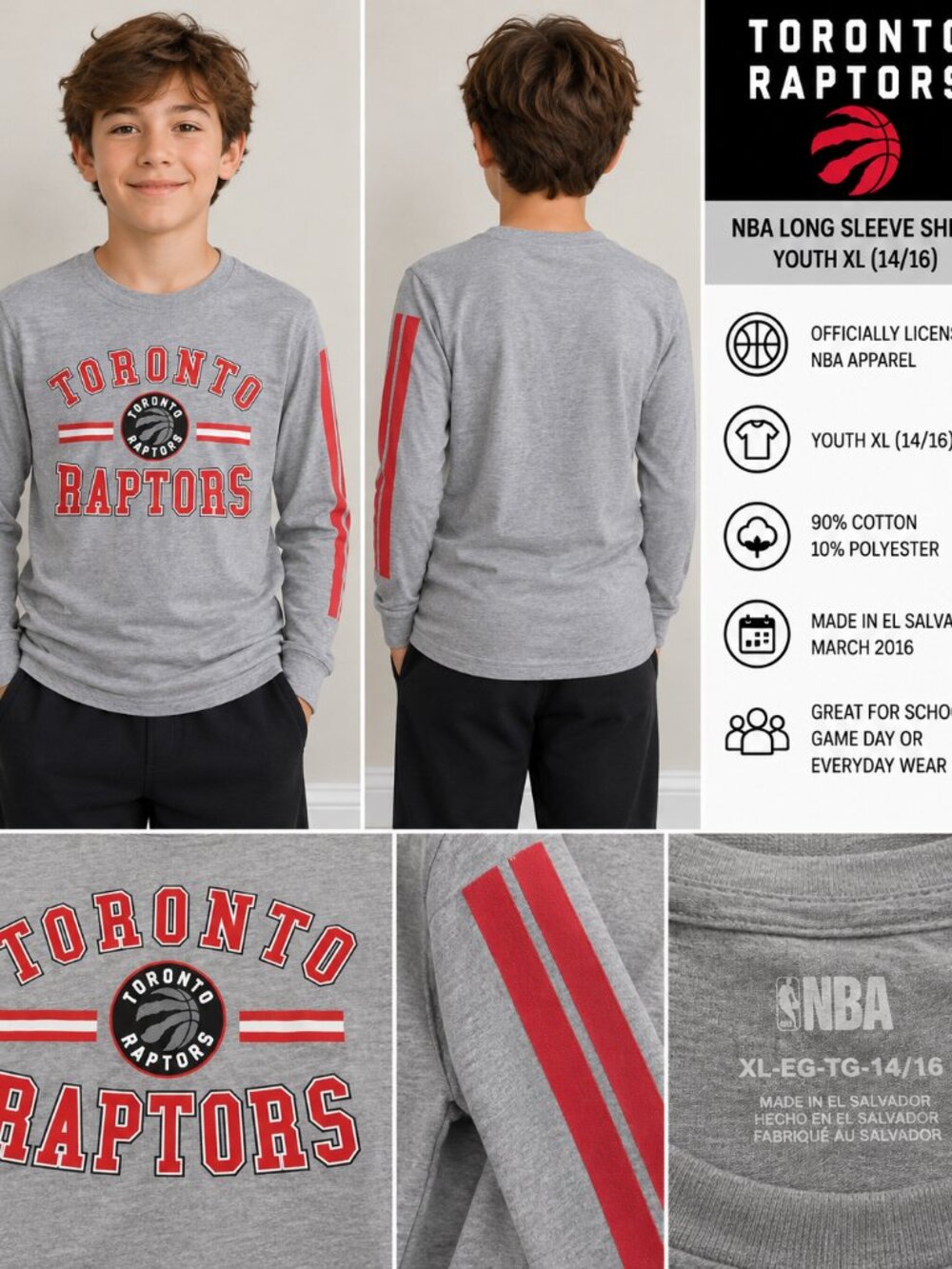 Toronto Raptors NBA Long Sleeve Shirt Youth XL 14/16 Grey